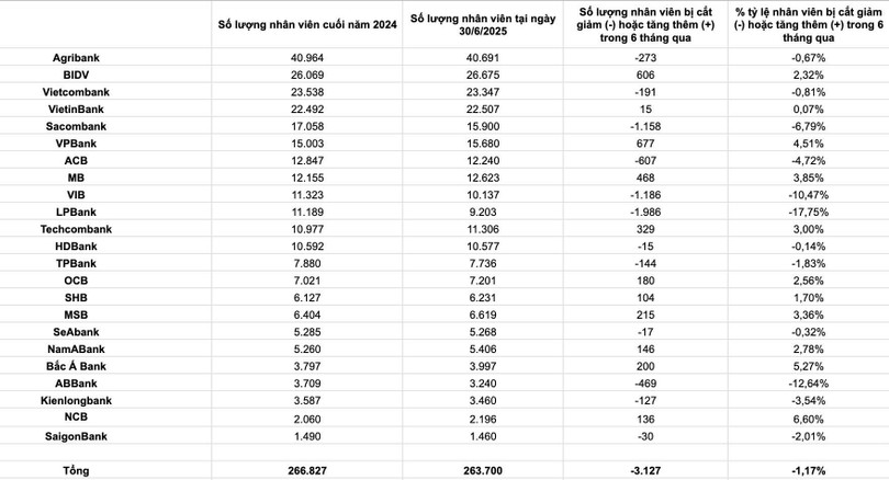 Số lượng nhân viên cắt giảm của 23 ngân hàng thương mại đã công bố kết quả kinh doanh. Ảnh: Hồng Nhung. Số lượng nhân viên cắt giảm của 23 ngân hàng thương mại đã công bố kết quả kinh doanh. Ảnh: Hồng Nhung.