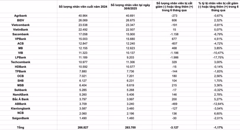 Số lượng nhân viên cắt giảm của 23 ngân hàng thương mại đã công bố kết quả kinh doanh. Ảnh: Hồng Nhung.