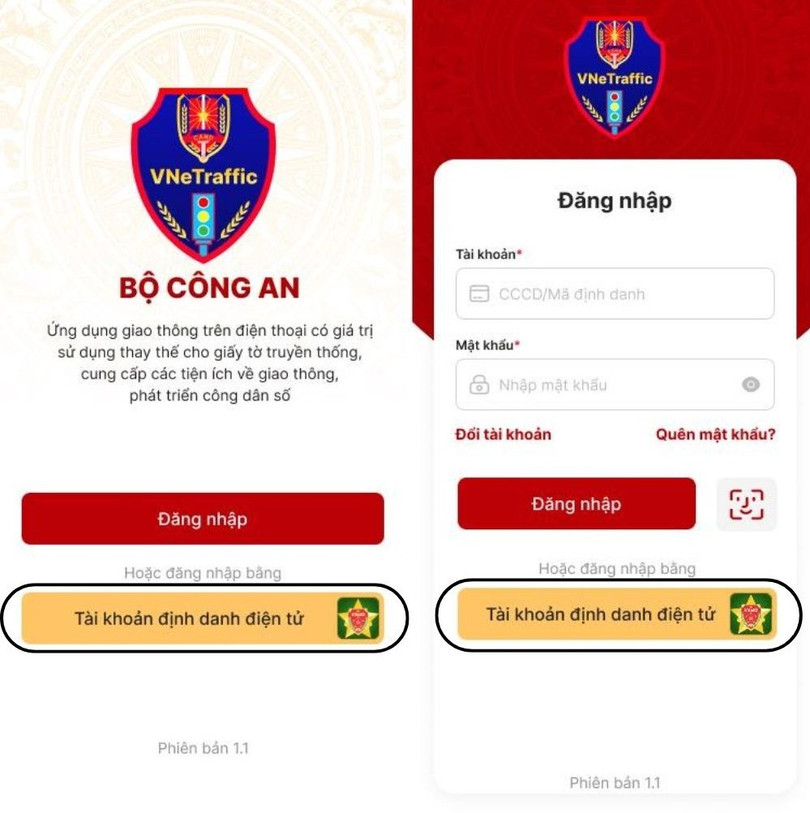 Tại giao diện khởi đầu, chọn đăng nhập bằng Tài khoản định danh điện tử.