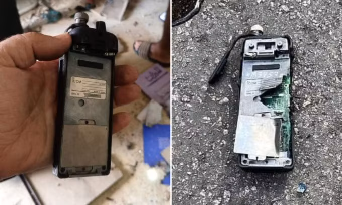 Bộ đàm với nhãn dán in logo ICOM phát nổ tại Lebanon ngày 18/9. Ảnh: CNN