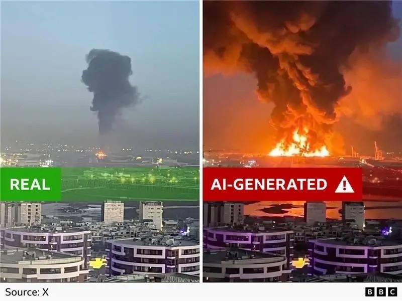 Hình ảnh giả mạo về một vụ nổ lớn tại căn cứ của Mỹ ở Iraq do AI tạo dựa trên ảnh vệ tinh thật chụp căn cứ hải quân Mỹ ở Bahrain vào tháng 2/2025, vốn có sẵn công khai trên mạng. Ảnh: BBC.