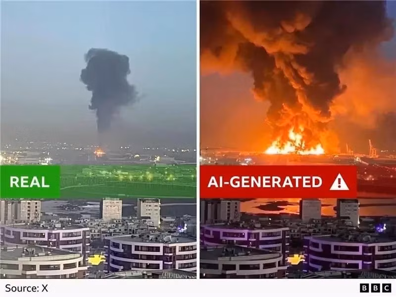 Hình ảnh giả mạo về một vụ nổ lớn tại căn cứ của Mỹ ở Iraq do AI tạo dựa trên ảnh vệ tinh thật chụp căn cứ hải quân Mỹ ở Bahrain vào tháng 2/2025, vốn có sẵn công khai trên mạng. Ảnh: BBC.