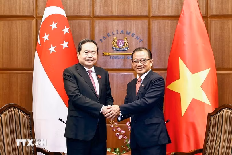 Chủ tịch Quốc hội Trần Thanh Mẫn và Chủ tịch Quốc hội Singapore Seah Kian Peng. (Ảnh: Doãn Tấn/TTXVN)