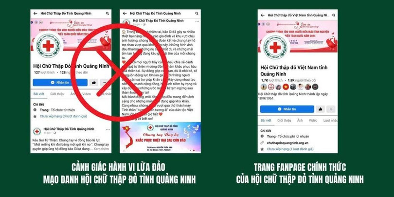 Các đối tượng lừa đảo sử dụng hình ảnh, thông tin giống các trang chính thống để kêu gọi những người hảo tâm quyên góp, chuyển tiền vào tài khoản cá nhân để chiếm đoạt tài sản (Ảnh: Sở TT&amp;TT tỉnh Quảng Ninh).
