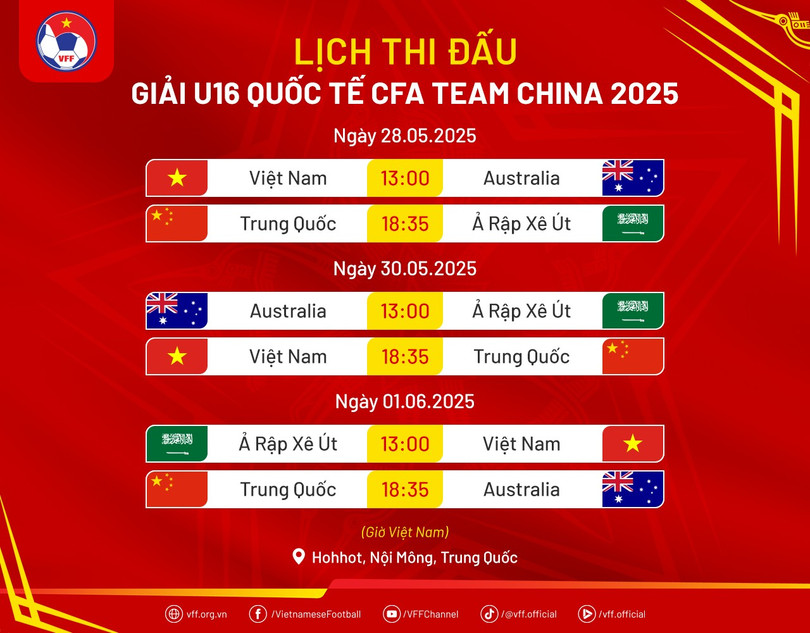 Lịch thi đấu của U16 Việt Nam ở giải giao hữu tại Trung Quốc (Ảnh: VFF). web-lichu16vn-giaiu16qt2025.png