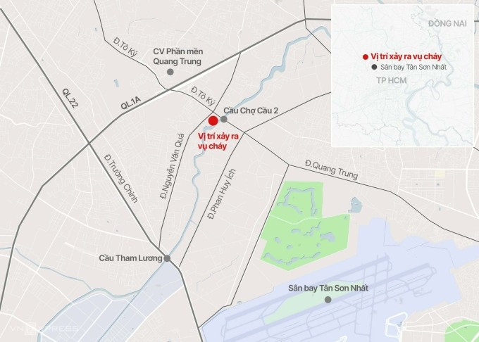 Căn nhà cháy nằm gần cầu Chợ Cầu 2. Đồ họa: Hoàng Khánh