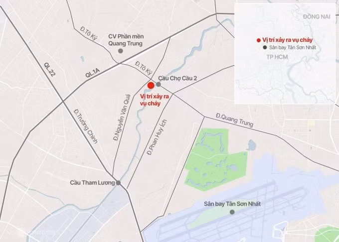 Căn nhà cháy nằm gần cầu Chợ Cầu 2. Đồ họa: Hoàng Khánh