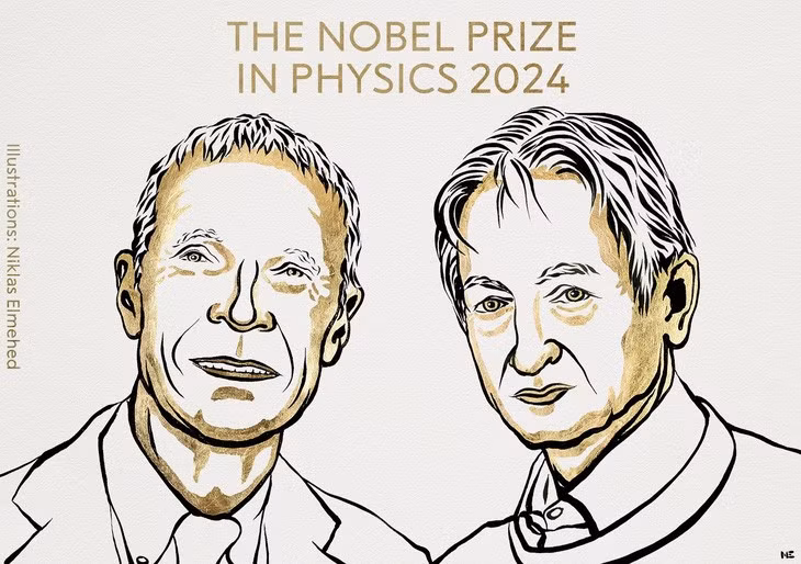 Tranh phác thảo giáo sư John Hopfiled (trái) và giáo sư Geoffrey Hinton - những người đoạt giải Nobel Vật lý 2024 - Ảnh: X/The Nobel Prize