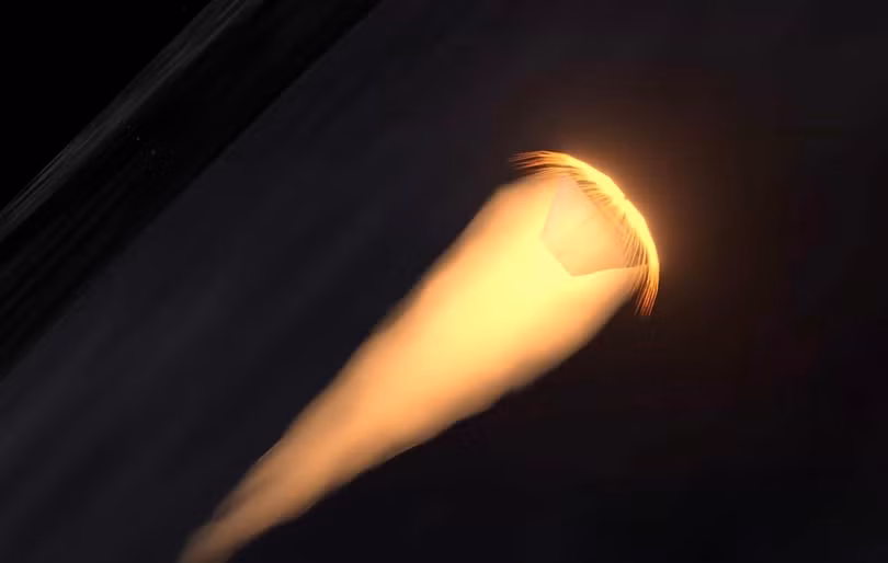 Minh họa của NASA về giai đoạn Artemis II vượt qua bầu khí quyển Trái Đất, với nhiệt độ xung quanh lên tới gần 3.000 độ C. Ảnh: NASA.