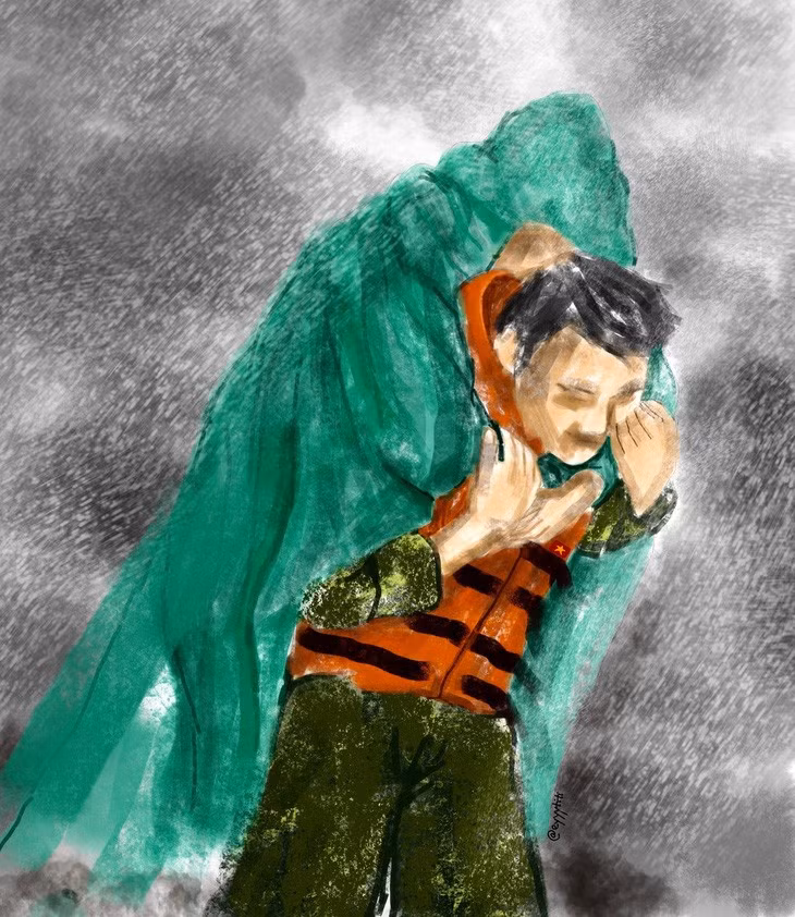 Trong khi An Thư vẽ bộ tranh, cô nhớ lại những câu chuyện thực tế về những người chiến sĩ không màng nguy hiểm để cứu trợ người khác trong cơn bão. Một trong những hình ảnh khiến cô xúc động nhất là các chiến sĩ dầm mình trong mưa để hỗ trợ người dân chống bão số 3 - Ảnh: ĐỒNG AN THƯ