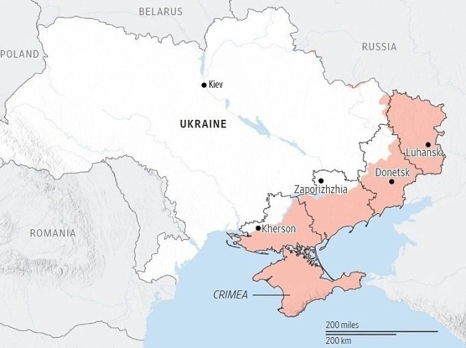 Các vùng lãnh thổ Nga đang kiểm soát ở Ukraine. Đồ họa: ISW Các vùng lãnh thổ Nga đang kiểm soát ở Ukraine. Đồ họa: ISW