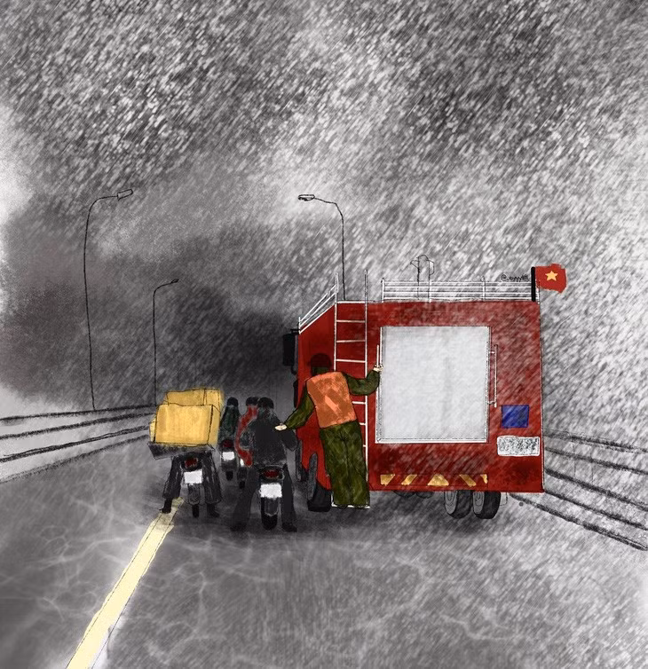 Thấy người dân đi xe máy qua cầu gặp gió bão Yagi, xe chuyên dụng của lực lượng chức năng hỗ trợ người dân di chuyển qua cầu Khuể (Hải Phòng) - Ảnh: ĐỒNG AN THƯ