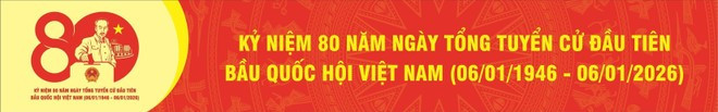 Mẫu thiết kế băng-rôn trong bộ nhận diện mẫu biểu trưng chính thức phục vụ công tác tuyên truyền các hoạt động Kỷ niệm 80 năm Ngày Tổng tuyển cử đầu tiên bầu Quốc hội Việt Nam (06/01/1946006/01/2026). (Ảnh: TTXVN)