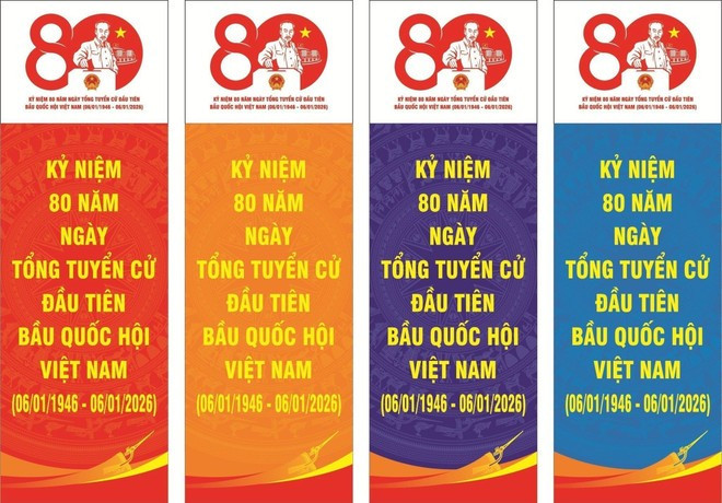 Mẫu thiết kế phướn dọc trong bộ nhận diện mẫu biểu trưng chính thức phục vụ công tác tuyên truyền các hoạt động Kỷ niệm 80 năm Ngày Tổng tuyển cử đầu tiên bầu Quốc hội Việt Nam (06/01/1946-06/01/2026). (Ảnh: TTXVN)