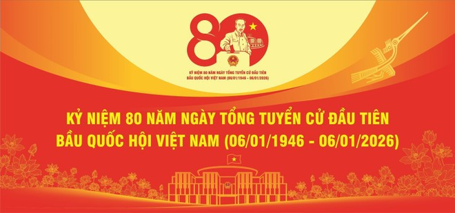 Mẫu thiết kế phông nền trong bộ nhận diện mẫu biểu trưng chính thức phục vụ công tác tuyên truyền các hoạt động kỷ niệm 80 năm Ngày Tổng tuyển cử đầu tiên bầu Quốc hội Việt Nam (06/01/1946-06/01/2026). (Ảnh: TTXVN)