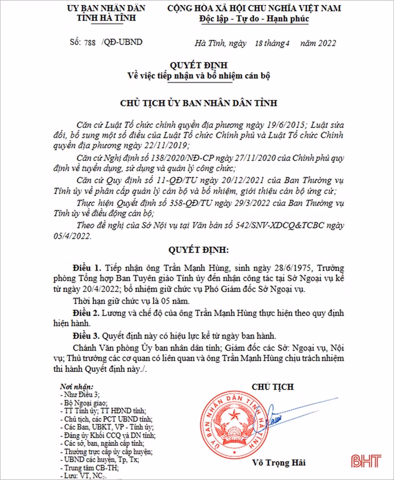 Sở Ngoại vụ Hà Tĩnh có tân Phó Giám đốc