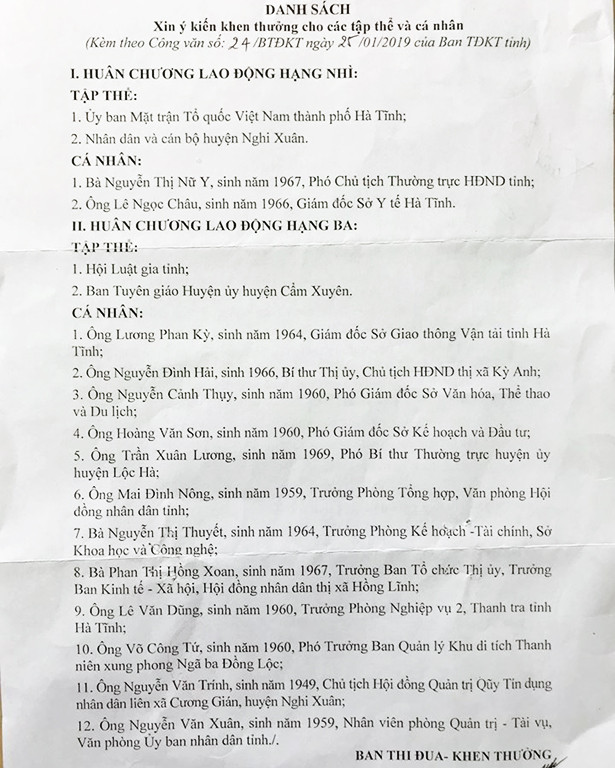 Hà Tĩnh lấy ý kiến nhân dân về tặng thưởng Huân chương Lao động các loại