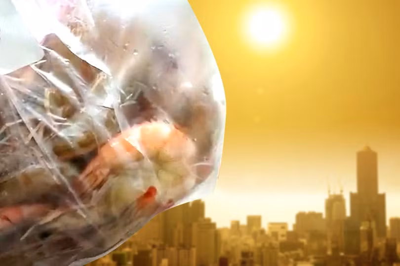 Nắng nóng ở Trung Quốc làm tôm tự chín trên đường từ chợ về nhà