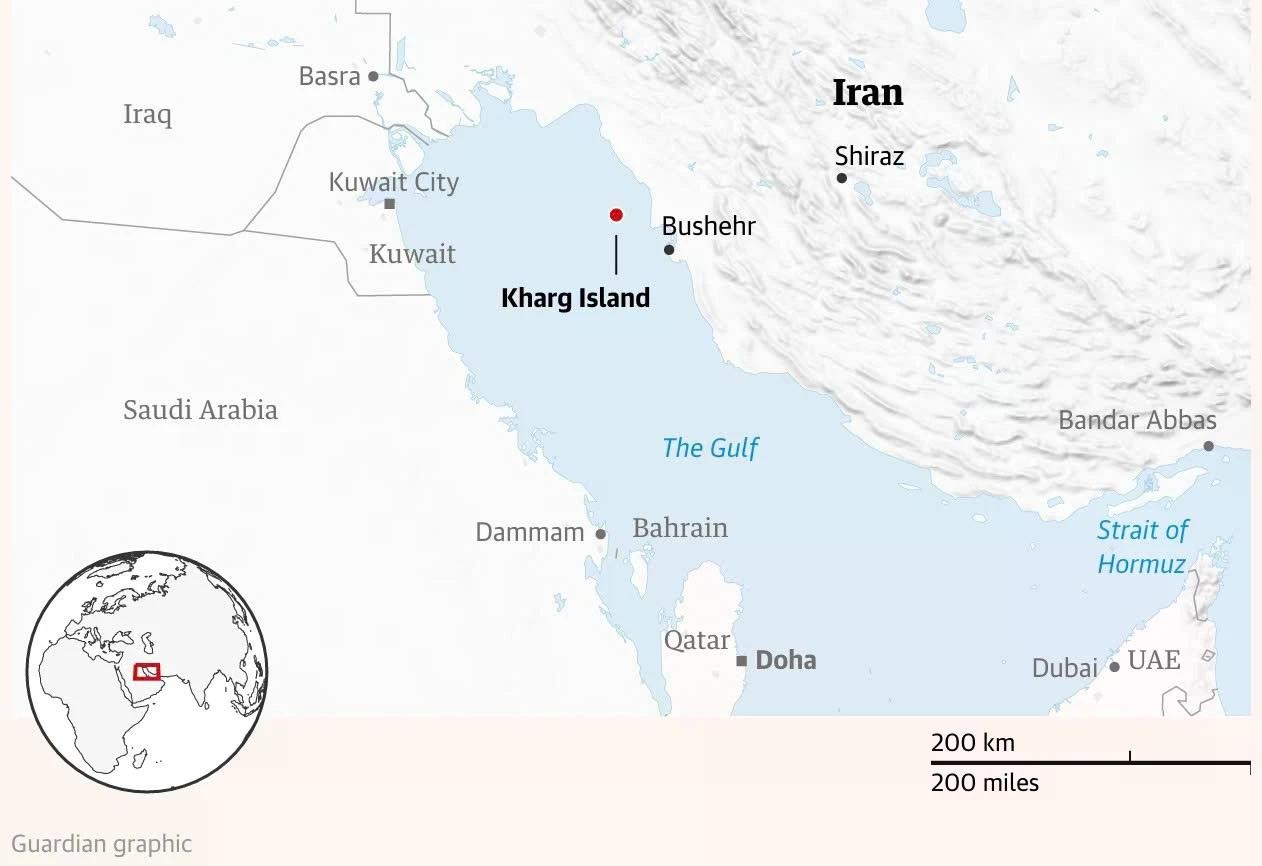Vị trí chiến lược của đảo Kharg. Ảnh: Guardian.