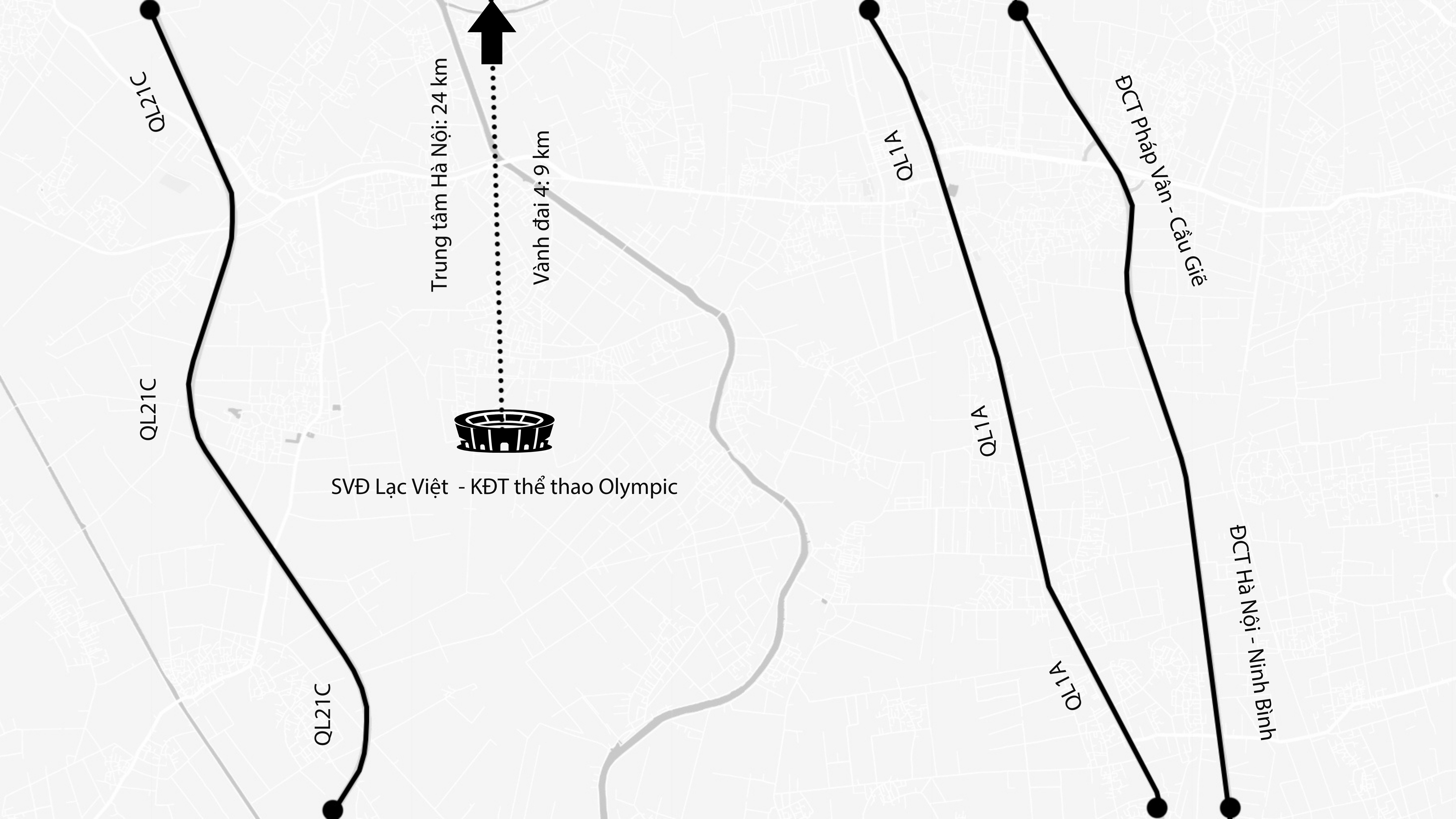 Sân vận động được xây dựng trong phân khu B - dự án Khu đô thị Thể thao Olympic. Khu B của dự án có diện tích hơn 3.118 ha, nằm trên địa bàn các xã Thường Tín, Tam Hưng, Thượng Phúc và Dân Hòa (Hà Nội), quy mô dân số dự kiến khoảng 186.760 người. Ảnh: Google Maps.