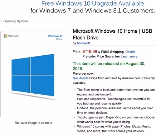 USB cài đặt Windows 10 cho phép đặt trước trên Amazon.