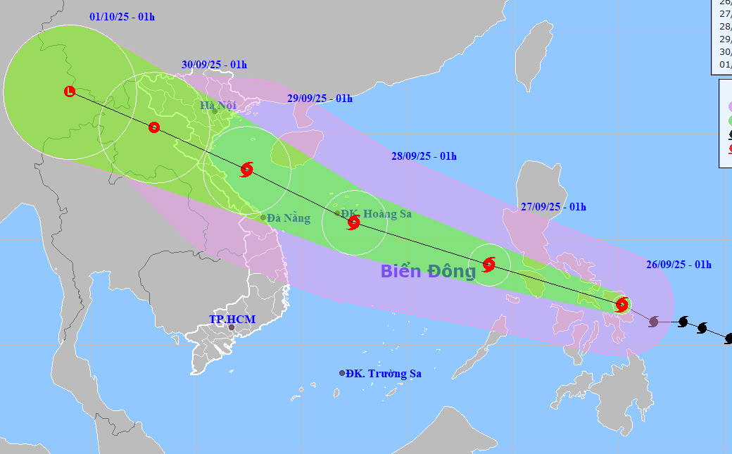 Dự báo hướng đi của bão Bualoi ngày 26/9. Ảnh: NCHMF Dự báo hướng đi của bão Bualoi ngày 26/9. Ảnh: NCHMF