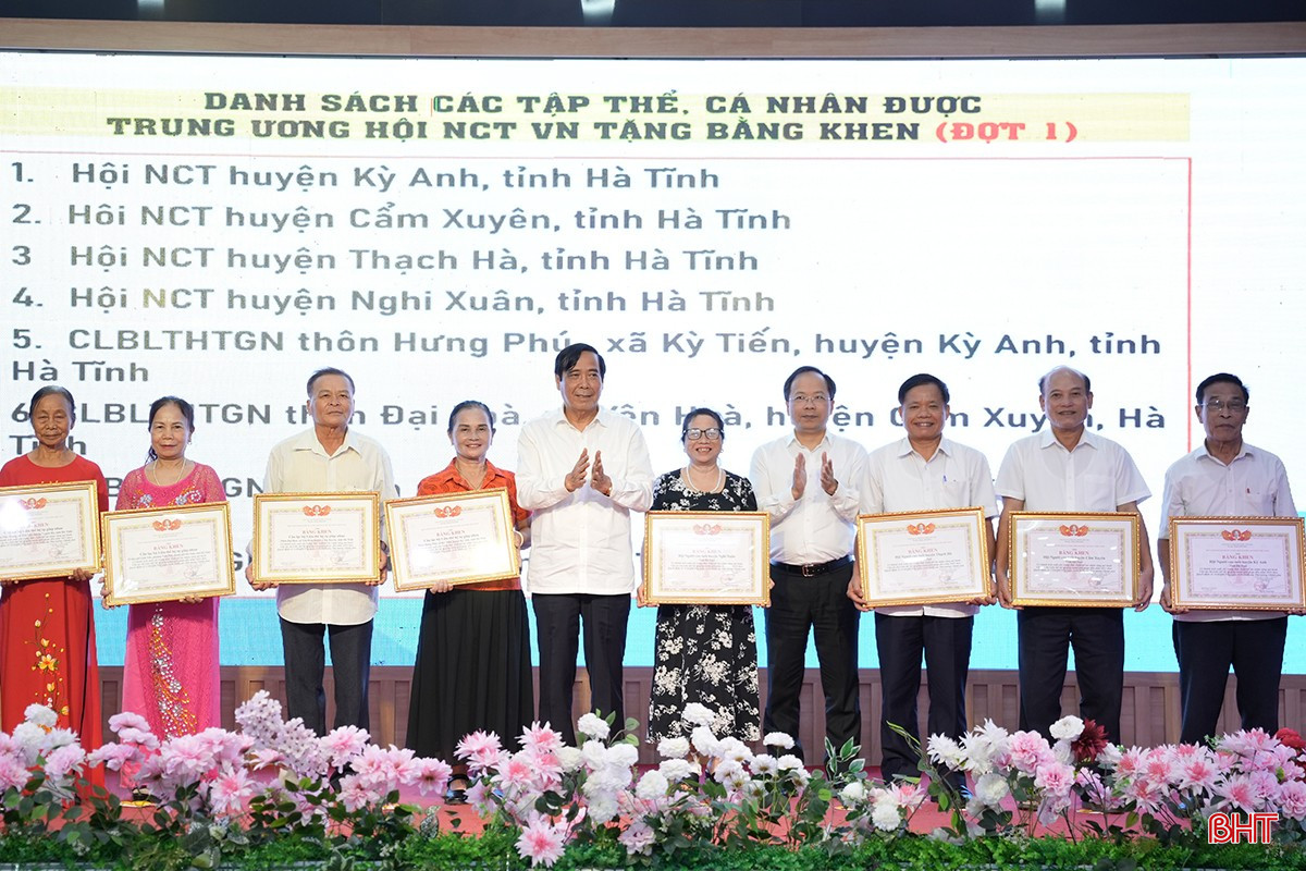 Các đồng chí lãnh đạo Hội Người cao tuổi Việt Nam và lãnh đạo tỉnh Hà Tĩnh trao bằng khen cho các tập thể, cá nhân có thành tích xuất sắc trong thực hiện Đề án 1336. bqbht_br_tdt00898-1.jpg