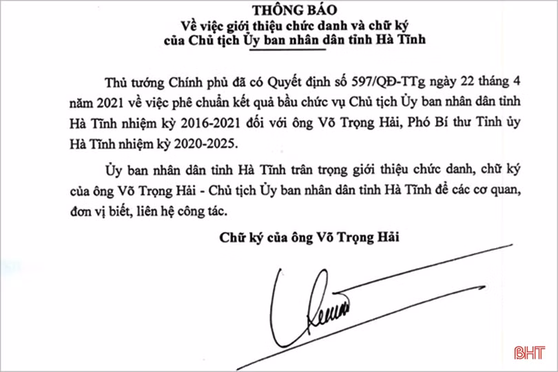 Giới thiệu chức danh, chữ ký Chủ tịch UBND tỉnh Hà Tĩnh Võ Trọng Hải