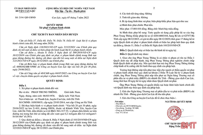 Phạt 17 triệu đồng, tước GPLX 17 tháng với tài xế ở Can Lộc vi phạm nồng độ cồn