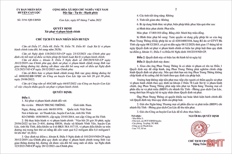 Phạt 17 triệu đồng, tước GPLX 17 tháng với tài xế ở Can Lộc vi phạm nồng độ cồn