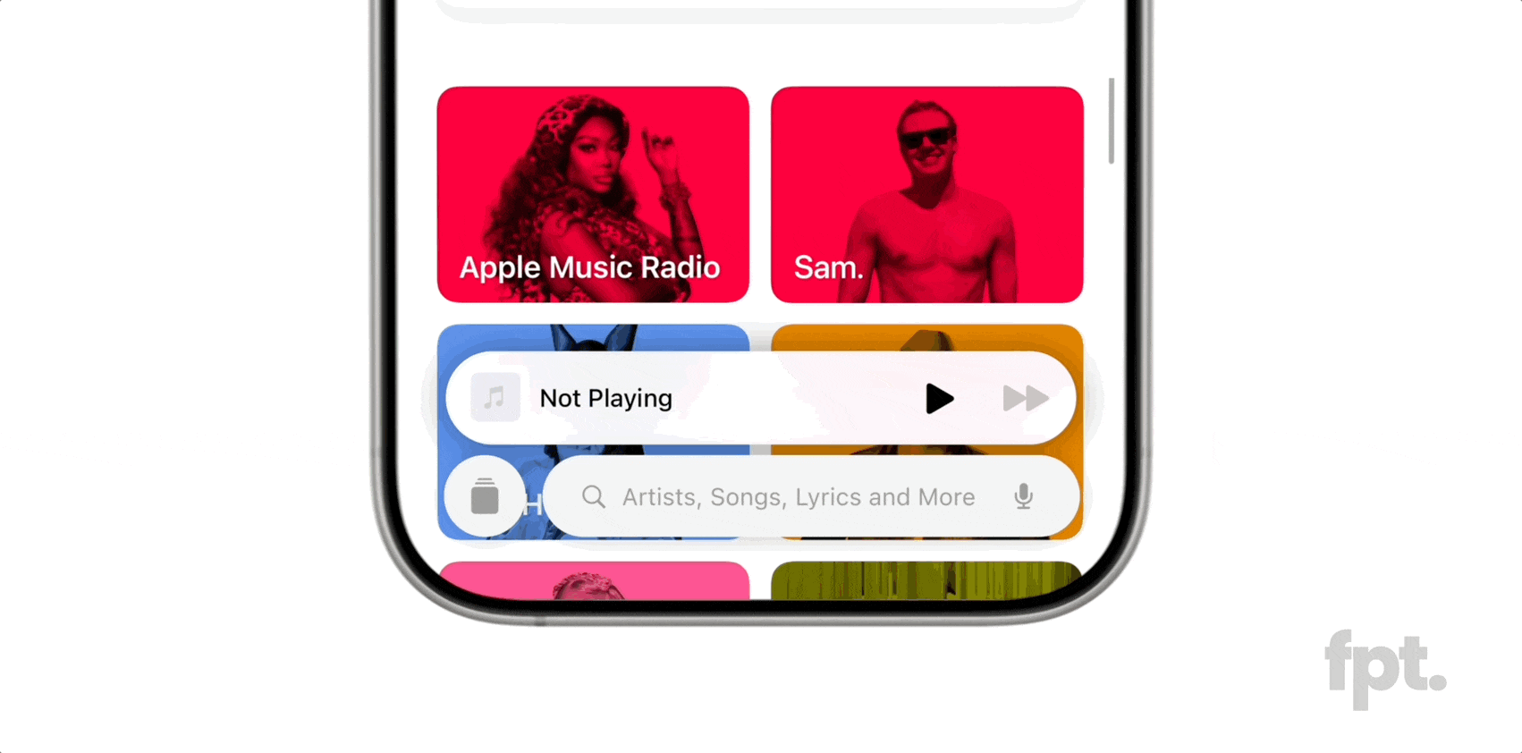 Khi nhấn vào tab Search (Tìm kiếm), thanh tìm kiếm hình viên thuốc xuất hiện phía dưới, kèm nút bấm tròn bên trái để quay về thanh menu. Video cũng cho thấy hiệu ứng mới khi người dùng chuyển đổi giữa các tab.