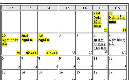 Đề xuất hoán đổi ngày nghỉ dịp Tết dương lịch, 30/4 và 1/5 năm 2019 ảnh 3 de xuat hoan doi ngay nghi dip tet duong lich 30 4 va 1 5 nam 2019