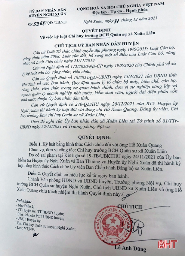 Cách chức Chỉ huy trưởng Quân sự xã ở Nghi Xuân