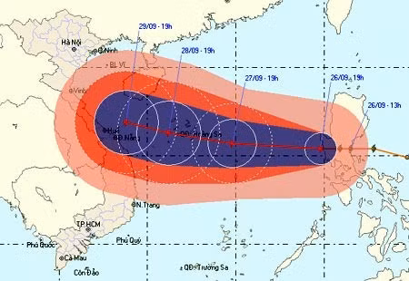 Dự báo đường đi của bão phát lúc 21h30 ngày 26/9. Ảnh: NCHMF.