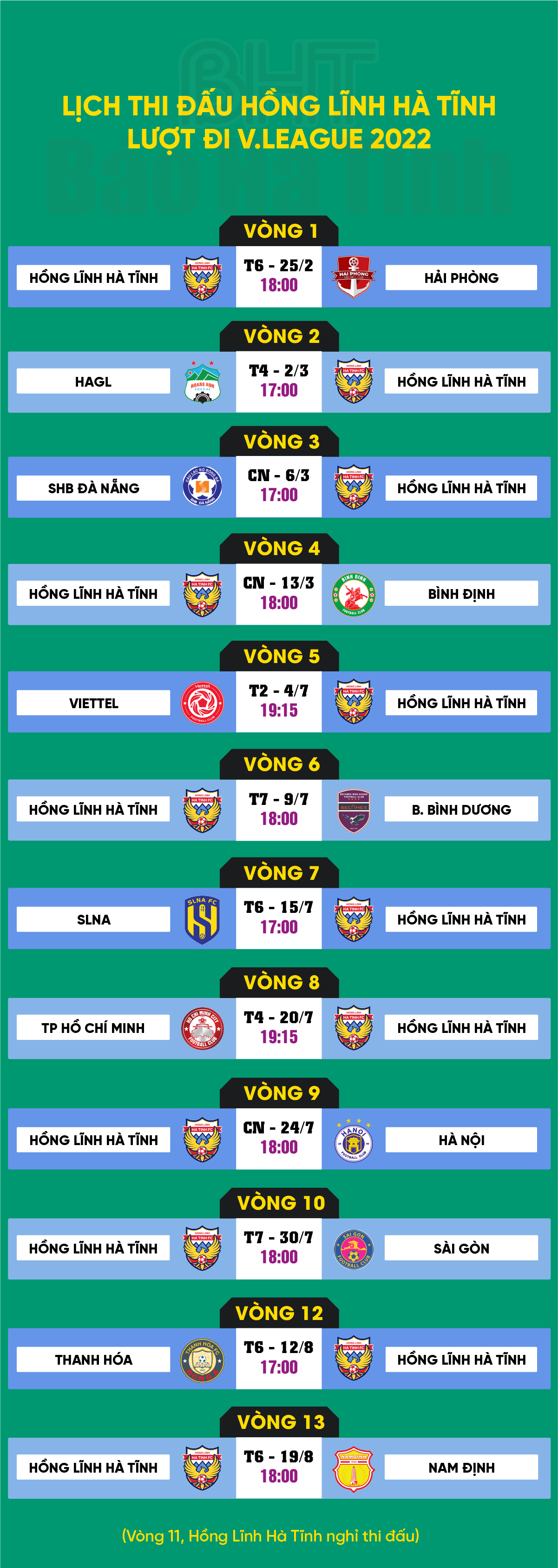 Lịch thi đấu Hồng Lĩnh Hà Tĩnh lượt đi V.League 2022