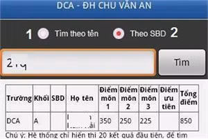 Ứng dụng xem điểm chuẩn Đại học 2014: Để xem điểm thi, mỗi thí sinh có thể tìm theo họ tên (tích ô số 1) hoặc theo số báo danh (ô số 2).
