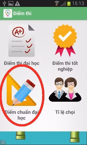 Ứng dụng xem điểm chuẩn Đại học 2014: Ngoài hỗ trợ tra cứu điểm thi Đại học Cao đẳng 2014 một cách nhanh chóng và thuận tiện, ứng dụng còn có mục xem điểm chuẩn hiện hữu rất rõ ràng (khoanh tròn).