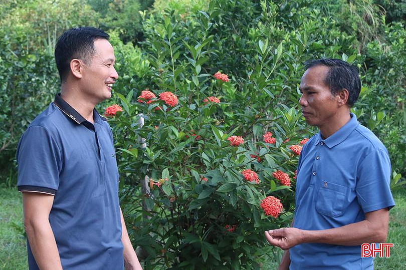 Ông Trần Nam Giang (bên trái) và ông Hồ Khánh Tuấn - Thôn trưởng thôn 10 thường xuyên trao đổi về phương hướng, mục tiêu phát triển kinh tế của thôn. IMG_2311.jpg
