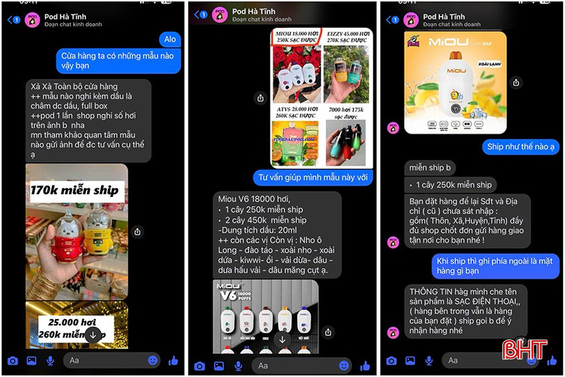 Dù đã lâu không đăng bài quảng cáo, song khi được nhắn tin hỏi mua thuốc lá điện tử, trang facebook "Pod Hà Tĩnh" đã nhanh chóng phản hồi. bqbht_br_z7067646298863-fd184f0d8e5f21fadade67e028bfe00d.jpg