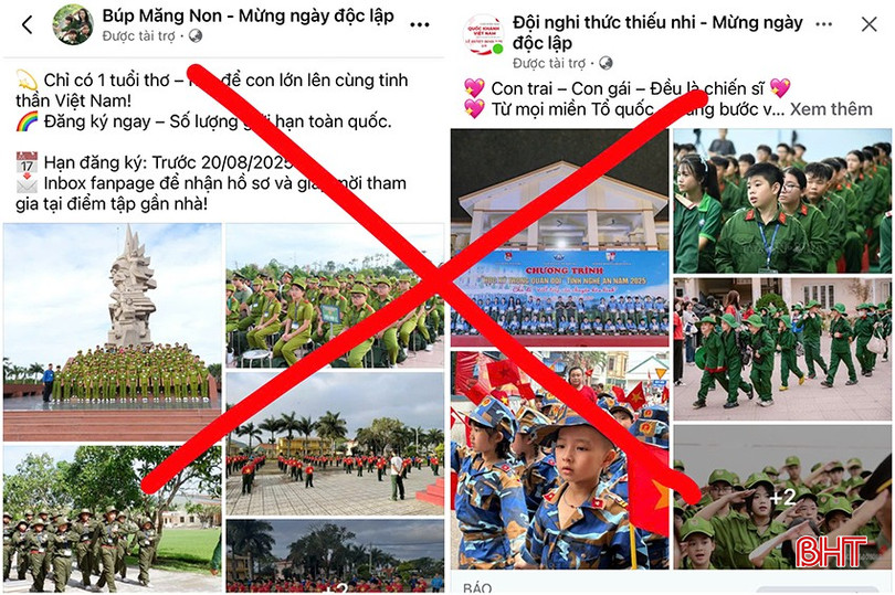 Các trang giả mạo sử dụng hình ảnh thiếu nhi mặc áo cờ đỏ sao vàng, sắc phục công an, quân đội... để tạo sự uy tín. bqbht_br_z6870723469097-320eb6b44b24696d7b46b46103c2458c.jpg