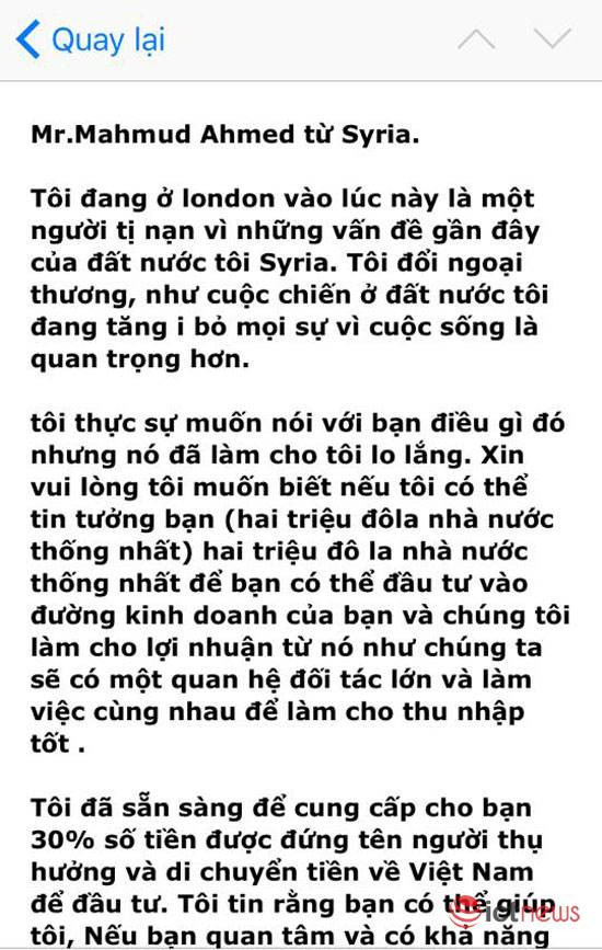 Một trong những bức thư lừa đảo gửi đến cho người dùng. tai dien email lua dao chuyen 2 trieu usd tu syria ve viet nam