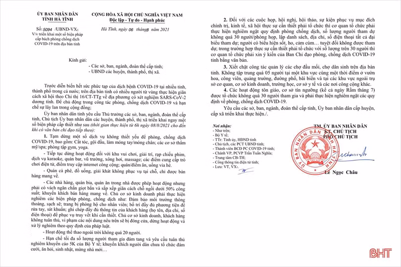 Từ 6h ngày 15/8, tất cả nhà hàng, quán ăn uống ở Hà Tĩnh không phục vụ tại chỗ, chỉ bán mang về