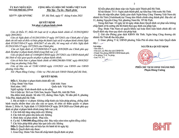 Vi phạm quy định phòng chống dịch COVID-19, 2 chủ cơ sở kinh doanh ăn uống ở TP Hà Tĩnh bị phạt 15 triệu đồng