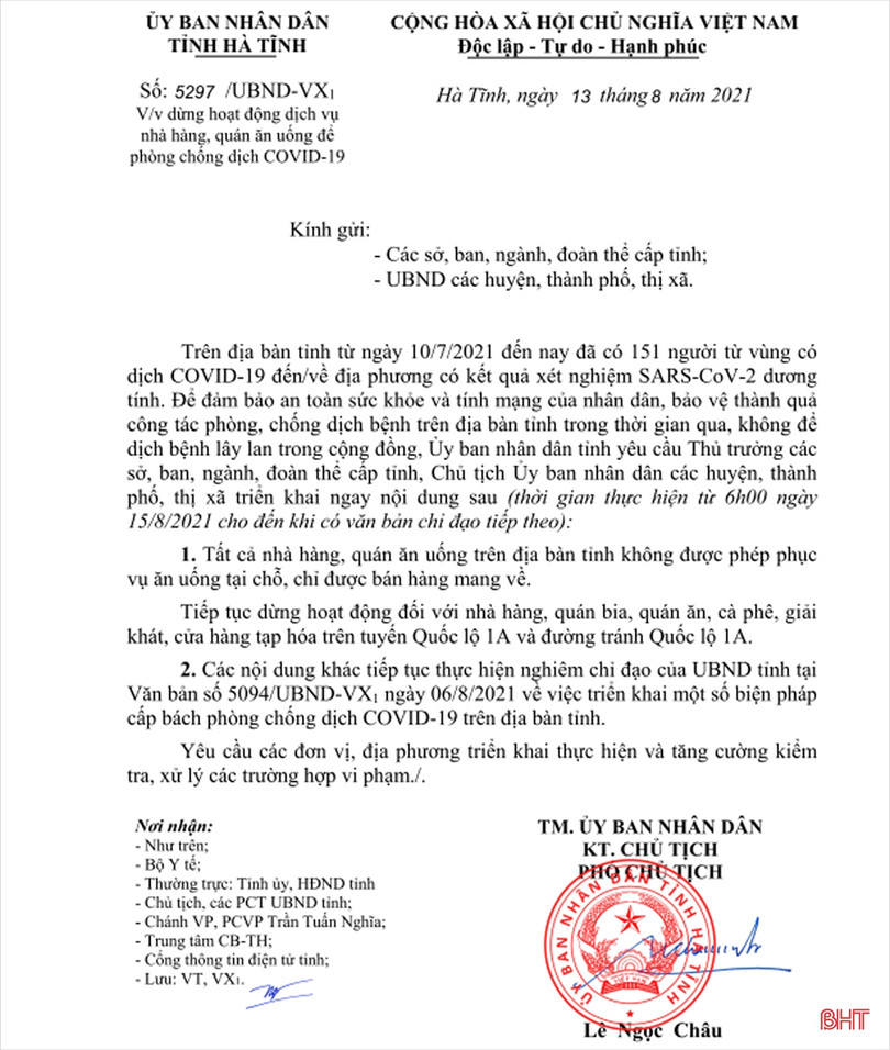 Từ 6h ngày 15/8, tất cả nhà hàng, quán ăn uống ở Hà Tĩnh không phục vụ tại chỗ, chỉ bán mang về