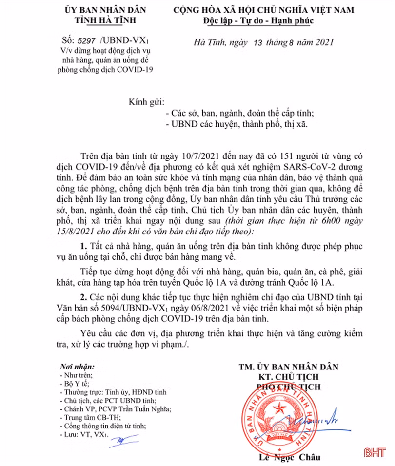 Từ 6h ngày 15/8, tất cả nhà hàng, quán ăn uống ở Hà Tĩnh không phục vụ tại chỗ, chỉ bán mang về