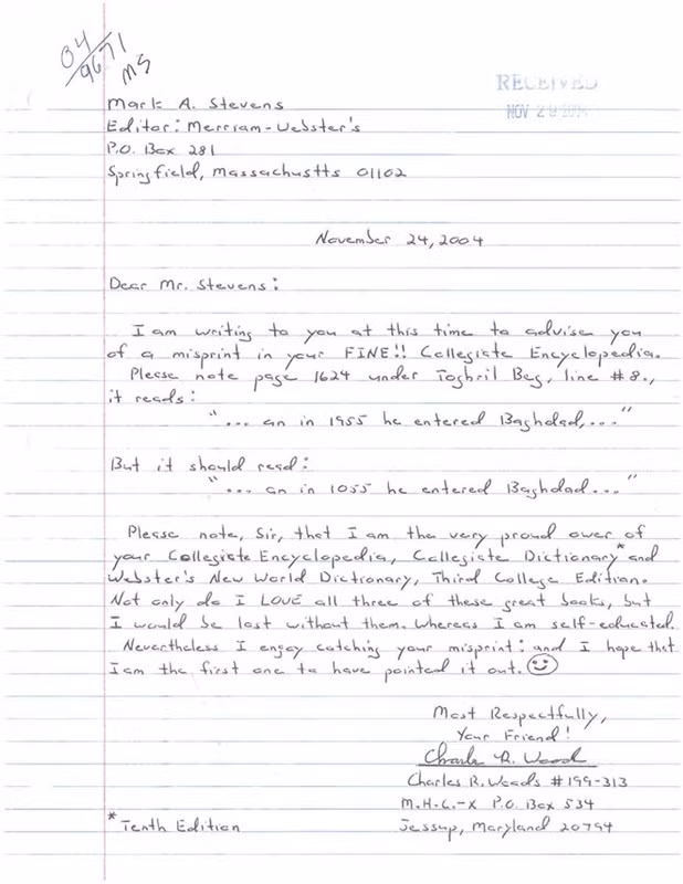 Lá thư đầu tiên ông Woods gửi cho ông Stevens năm 2004. cau chuyen ve nguoi tu hieu dinh bach khoa toan thu