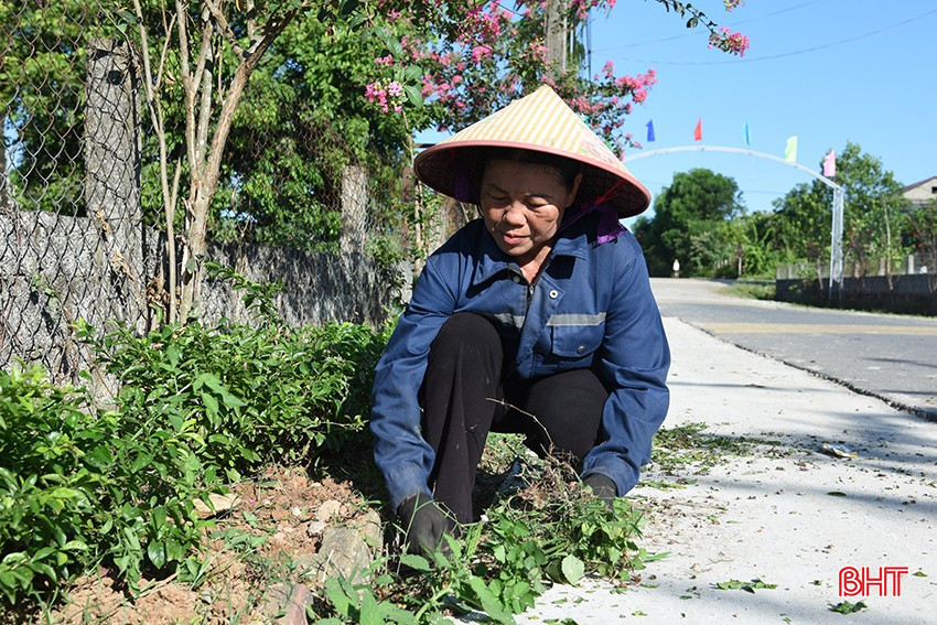 Người dân xã Nam Điền (Thạch Hà) cắt tỉa hàng rào xanh, vệ sinh môi trường...