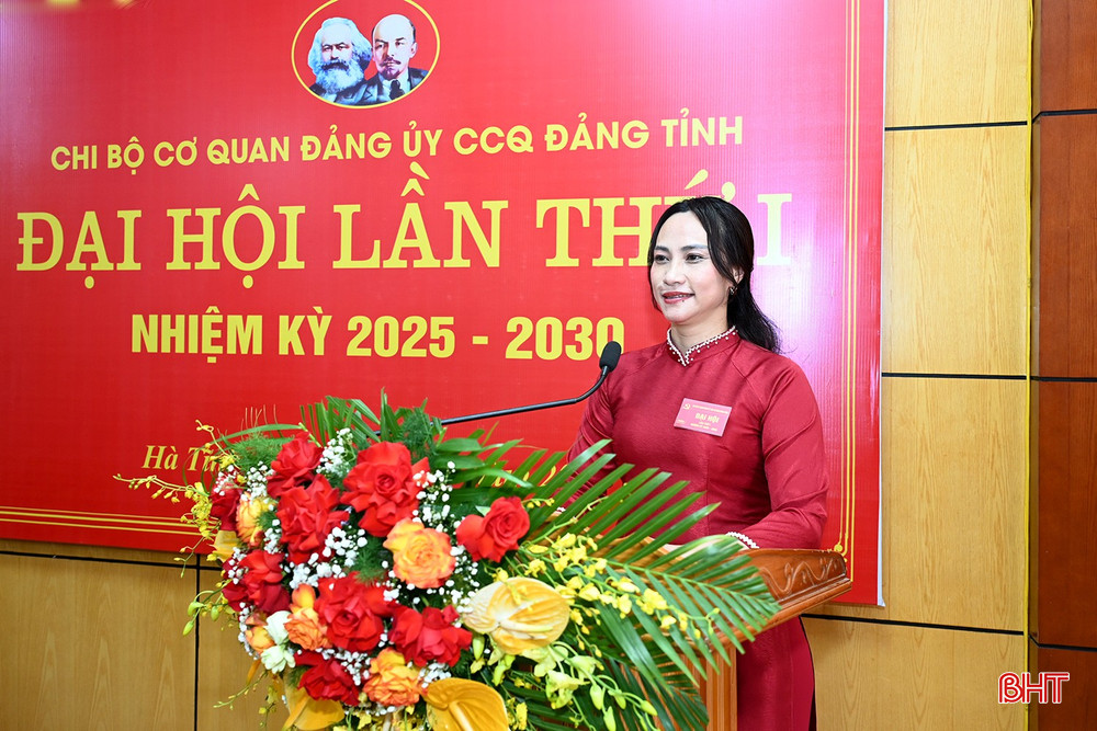 Đồng chí Trần Thị Thu Thuỷ - Ủy viên Ban Chấp hành, Phó trưởng ban Tuyên giáo và Dân vận Đảng ủy các cơ quan Đảng tỉnh tham luận tại đại hội. bqbht_br_dsc-c7384.jpg