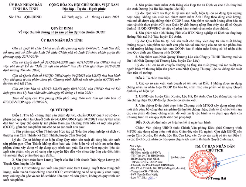 Hà Tĩnh thu hồi chứng nhận 5 sản phẩm OCOP