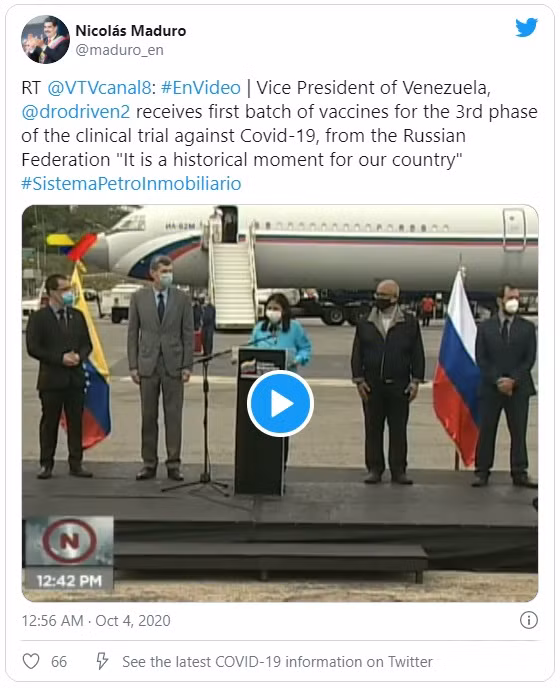 Tổng thống Venezuela và con trai sẽ tiêm vaccine Sputnik V ngừa Covid-19 của Nga